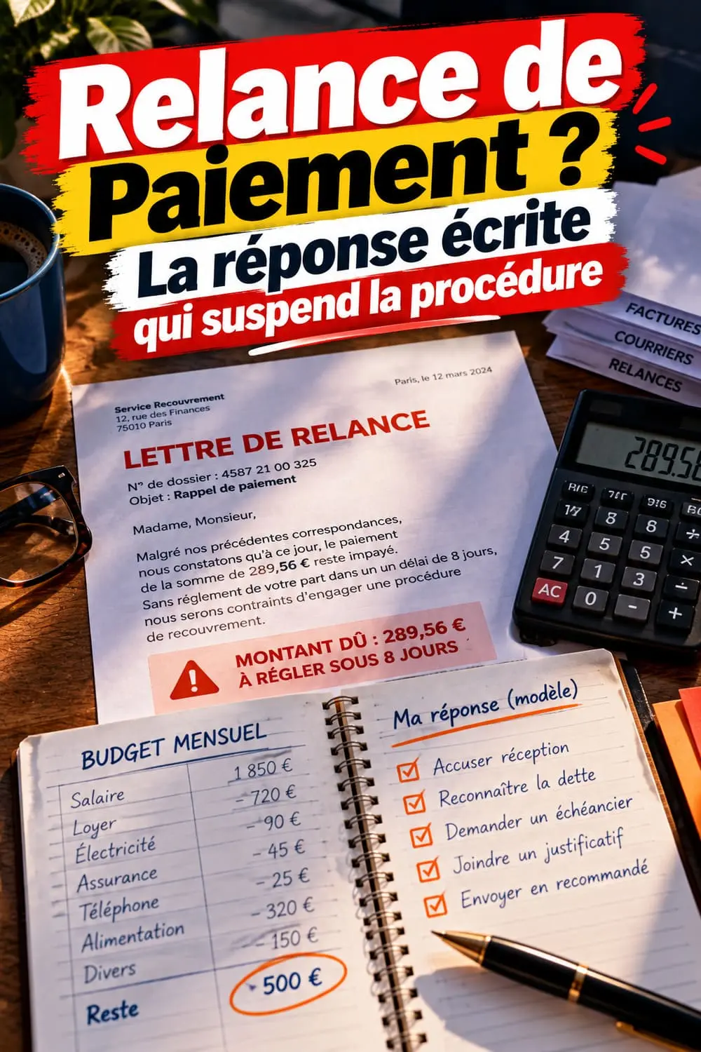 Relance de paiement : la réponse écrite qui suspend la procédure Lettre de relance de paiement posée sur une table avec un carnet de budget mensuel ouvert et une calculatrice
