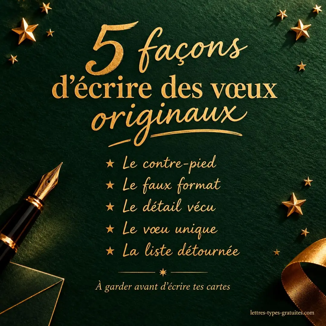 5 façons d'écrire des vœux originaux que personne n'oubliera Carte carrée présentant cinq façons d'écrire des vœux de bonne année originaux : contre-pied, faux format, détail vécu, vœu unique, liste détournée
