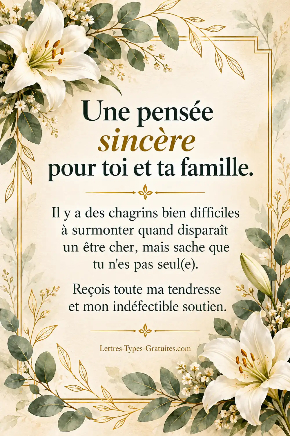 Affiche condoléances sincères : Une pensée sincère pour toi et ta famille, reçois toute ma tendresse