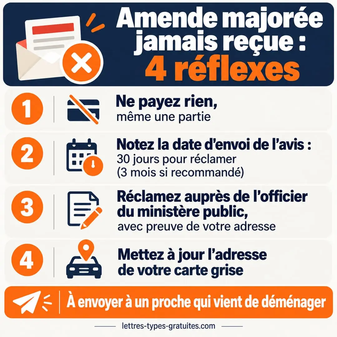 Récapitulatif des quatre réflexes face à une amende majorée jamais reçue : ne pas payer, vérifier la date d'envoi, réclamer, mettre à jour la carte grise