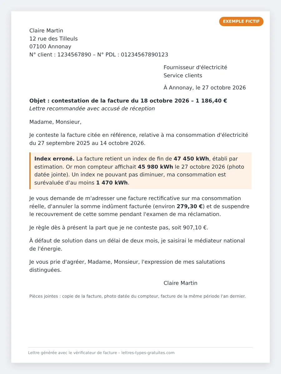 Exemple rempli de lettre de contestation d'une facture d'électricité pour un index estimé supérieur à l'index réel du compteur