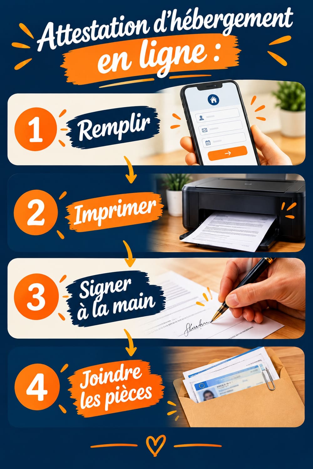 Infographie verticale en quatre étapes pour remplir une attestation d'hébergement en ligne, l'imprimer et la faire signer