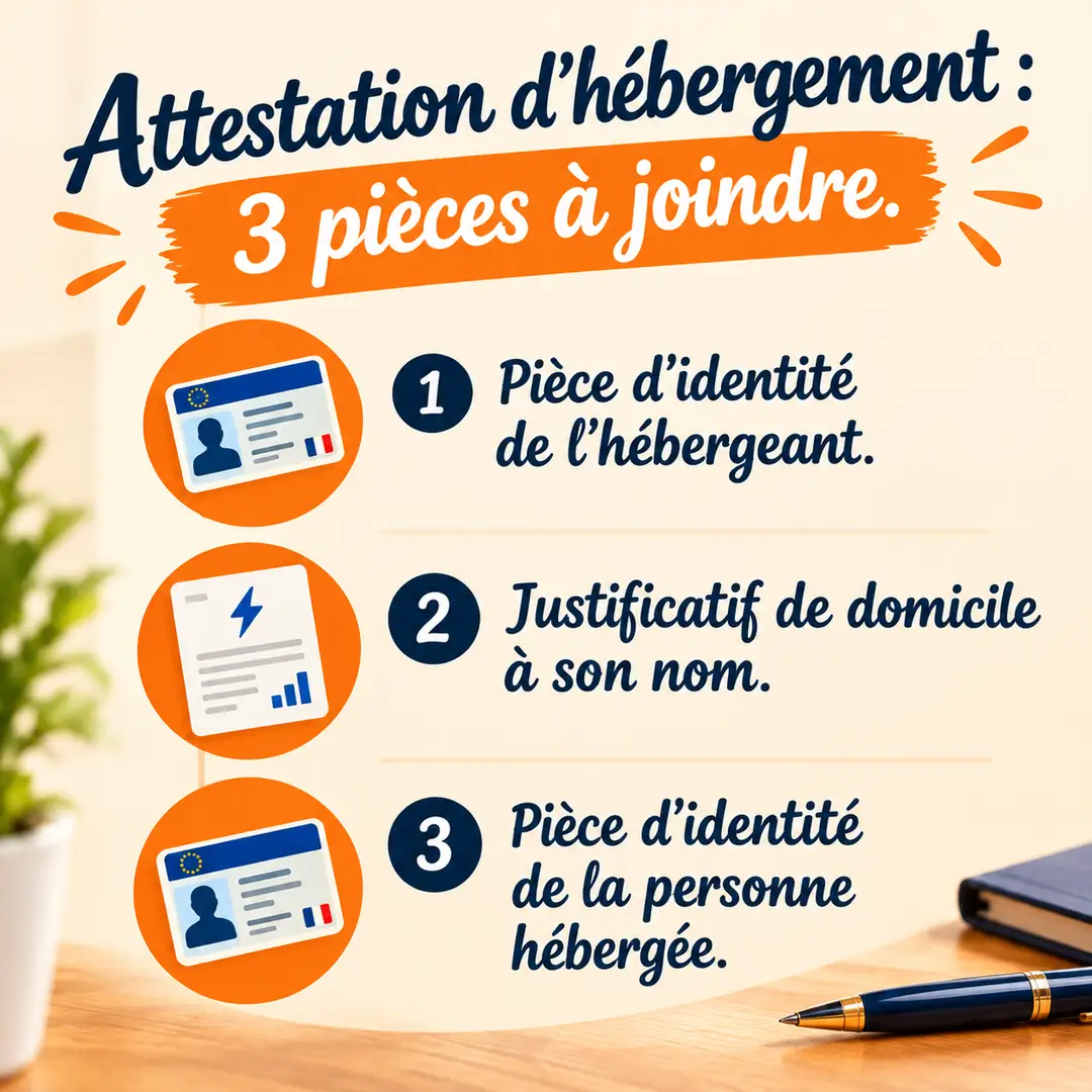 Les 3 pièces à joindre à une attestation d'hébergement Carte carrée listant les trois pièces à joindre à une attestation d'hébergement : pièce d'identité, justificatif de domicile, pièce de l'hébergé