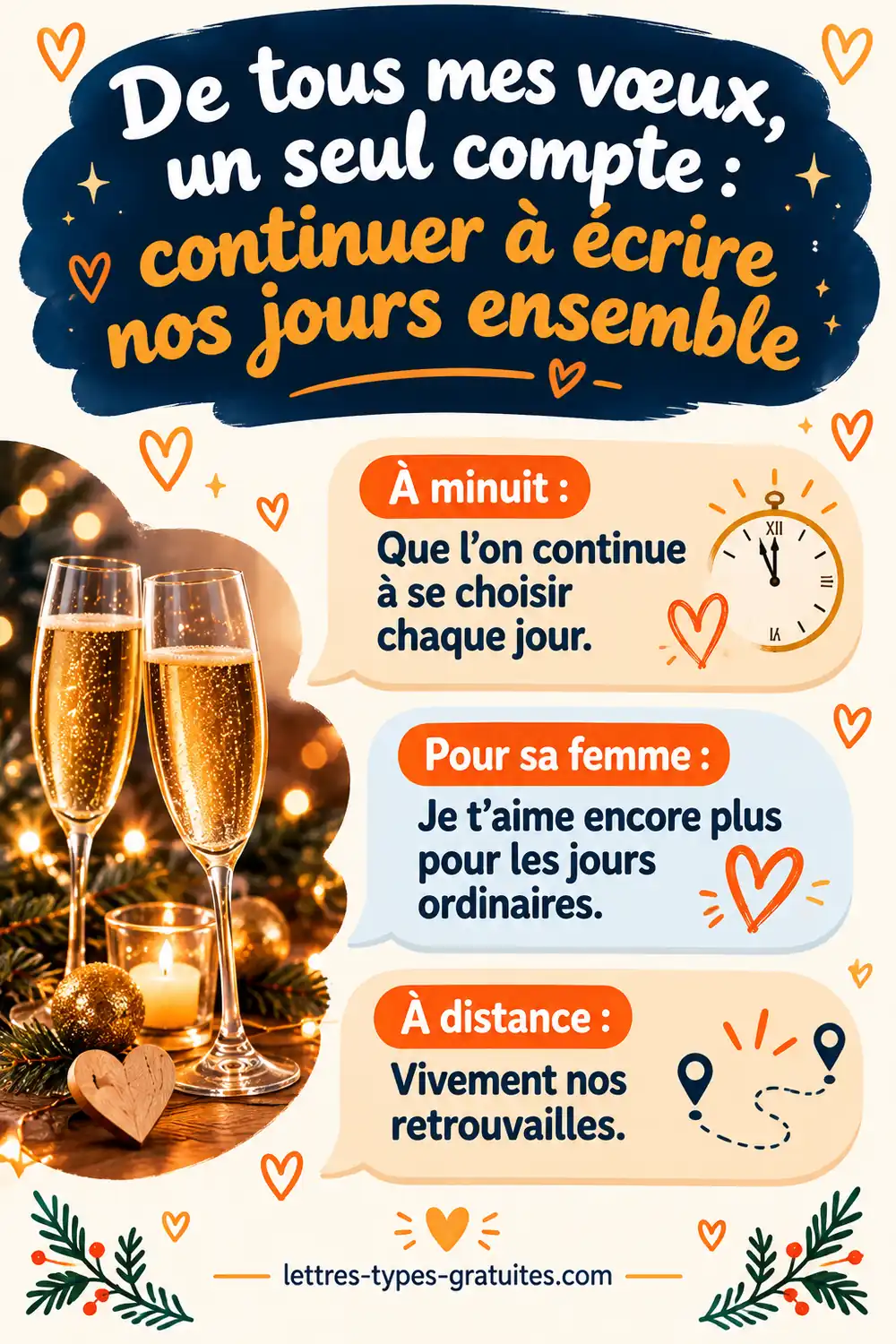 De tous mes vœux, un seul compte : continuer à écrire nos jours ensemble Infographie verticale de messages de bonne année d'amour : SMS de minuit, pour sa femme, son mari, un amour à distance