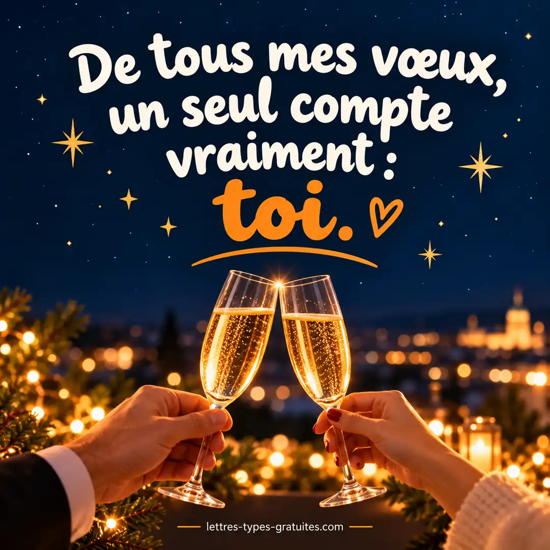 Bonne année mon amour : messages tendres pour chaque histoire Carte carrée de nouvel an avec deux coupes et le texte : de tous mes vœux, un seul compte vraiment, toi