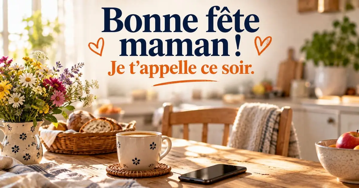 Table de cuisine familiale avec un téléphone affichant un message et une tasse de café, lumière du matin