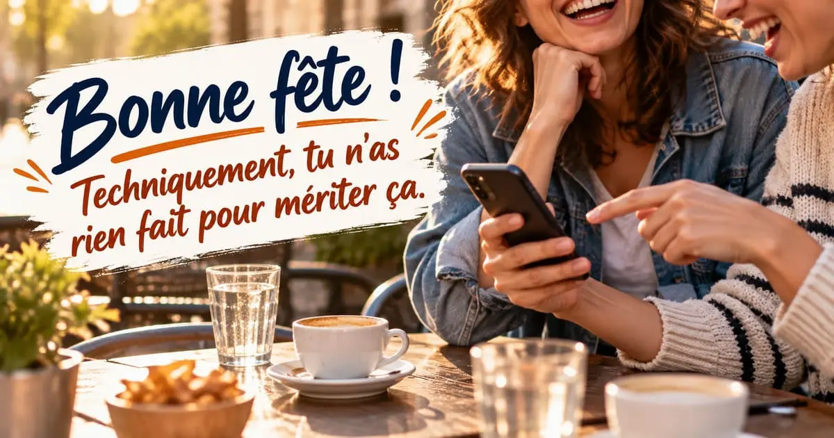 Deux amis riant devant un téléphone en lisant un message, dans un café lumineux