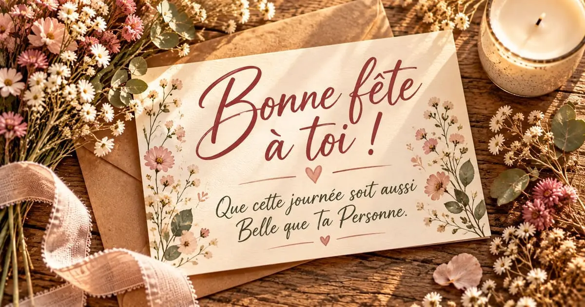 Carte de bonne fête portant le message : Bonne fête ! Que cette journée soit aussi belle que toi