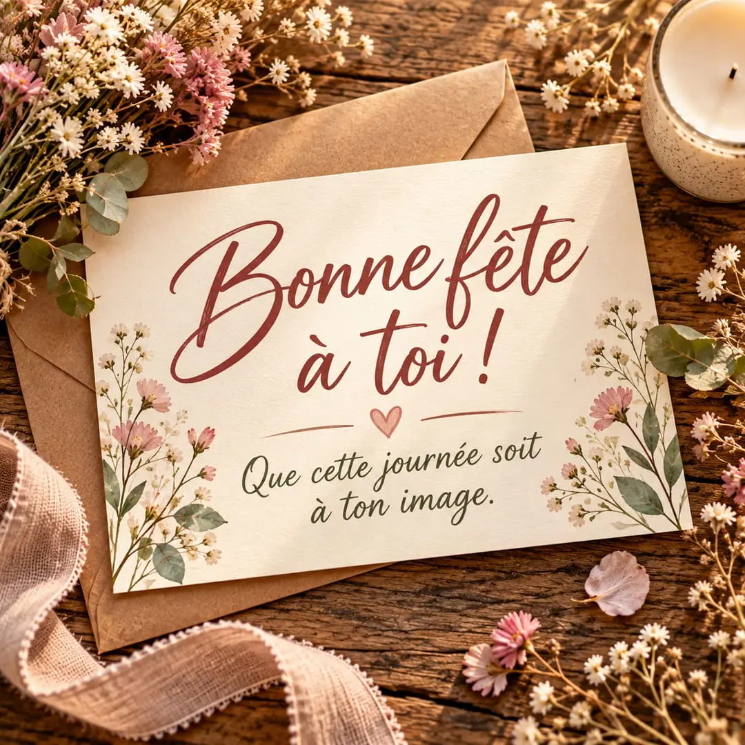 Carte de bonne fête aux tons doux posée sur une table en bois avec des fleurs séchées et une enveloppe