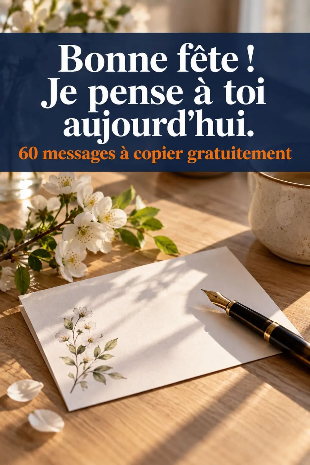 Carte de bonne fête manuscrite posée sur une table claire à côté d'un stylo et d'une petite branche fleurie