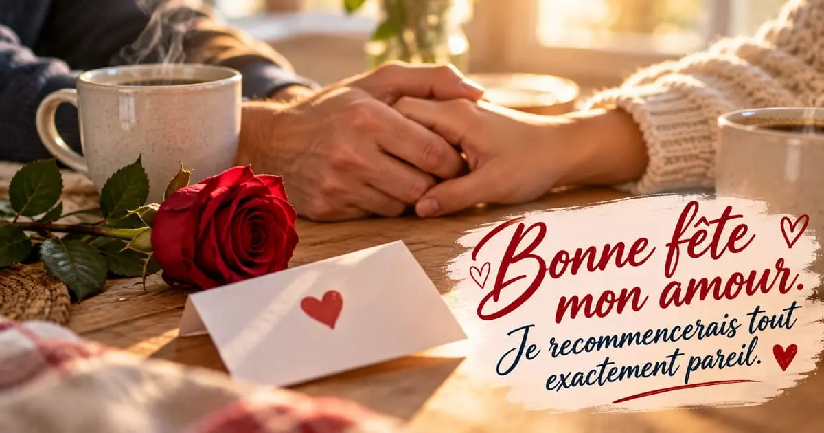 Deux mains se tenant au-dessus d'une table avec un petit mot plié et une tasse de café du matin