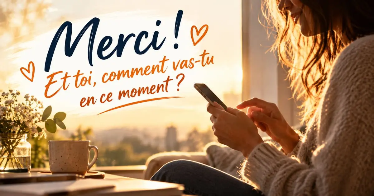 Personne souriante répondant à un message sur son téléphone, assise près d'une fenêtre