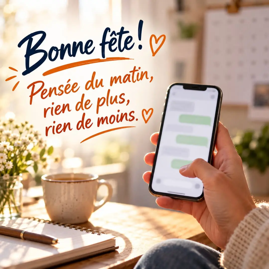 Téléphone affichant un SMS de bonne fête tenu à la main, avec un calendrier mural flou en arrière-plan