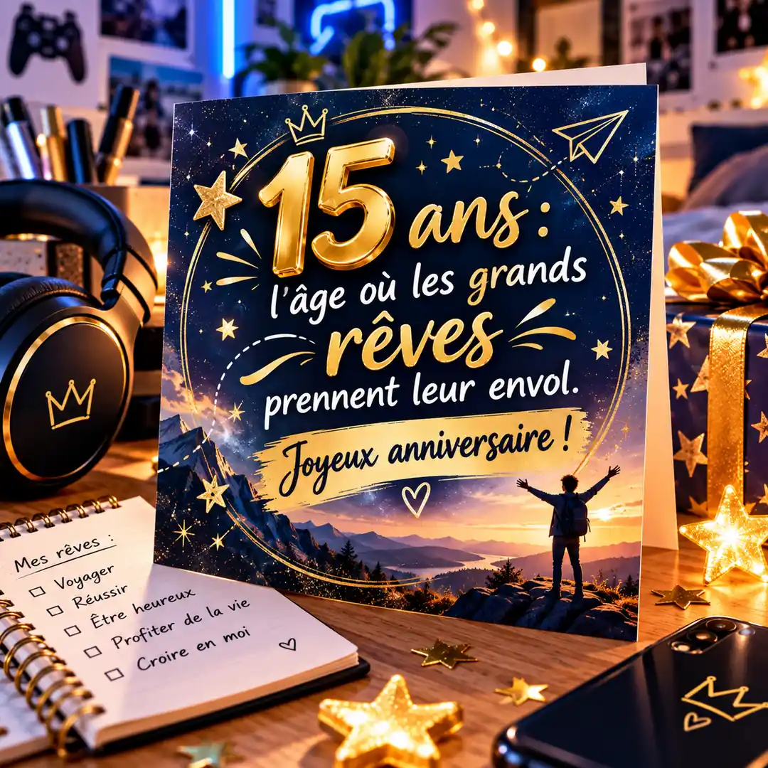 Carte anniversaire 15 ans : l'âge où les grands rêves prennent leur envol
