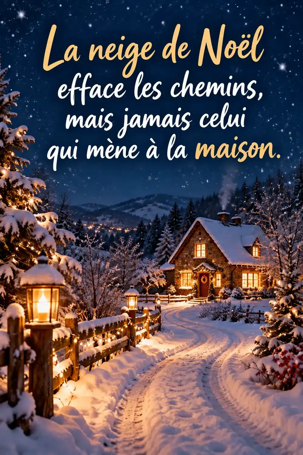 La neige de Noël efface les chemins, mais jamais celui qui mène à la maison Chemin enneigé menant à une petite maison aux fenêtres éclairées, la nuit, avec la citation « La neige de Noël efface les chemins, mais jamais celui qui mène à la maison »