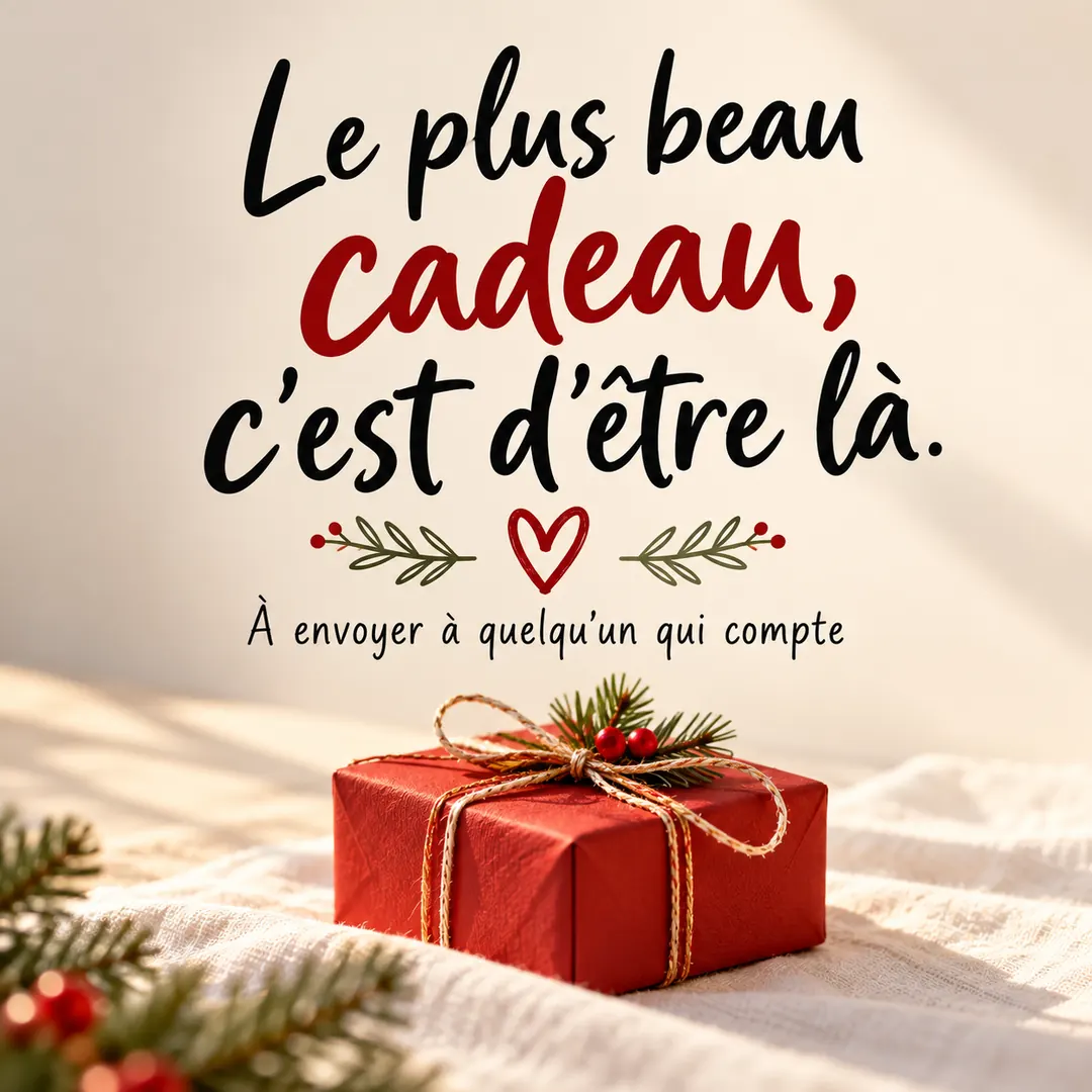 Le plus beau cadeau, c'est d'être là Petit paquet cadeau rouge posé sur une nappe en lin blanc, avec la citation « Le plus beau cadeau, c'est d'être là » et l'invitation « À envoyer à quelqu'un qui compte »