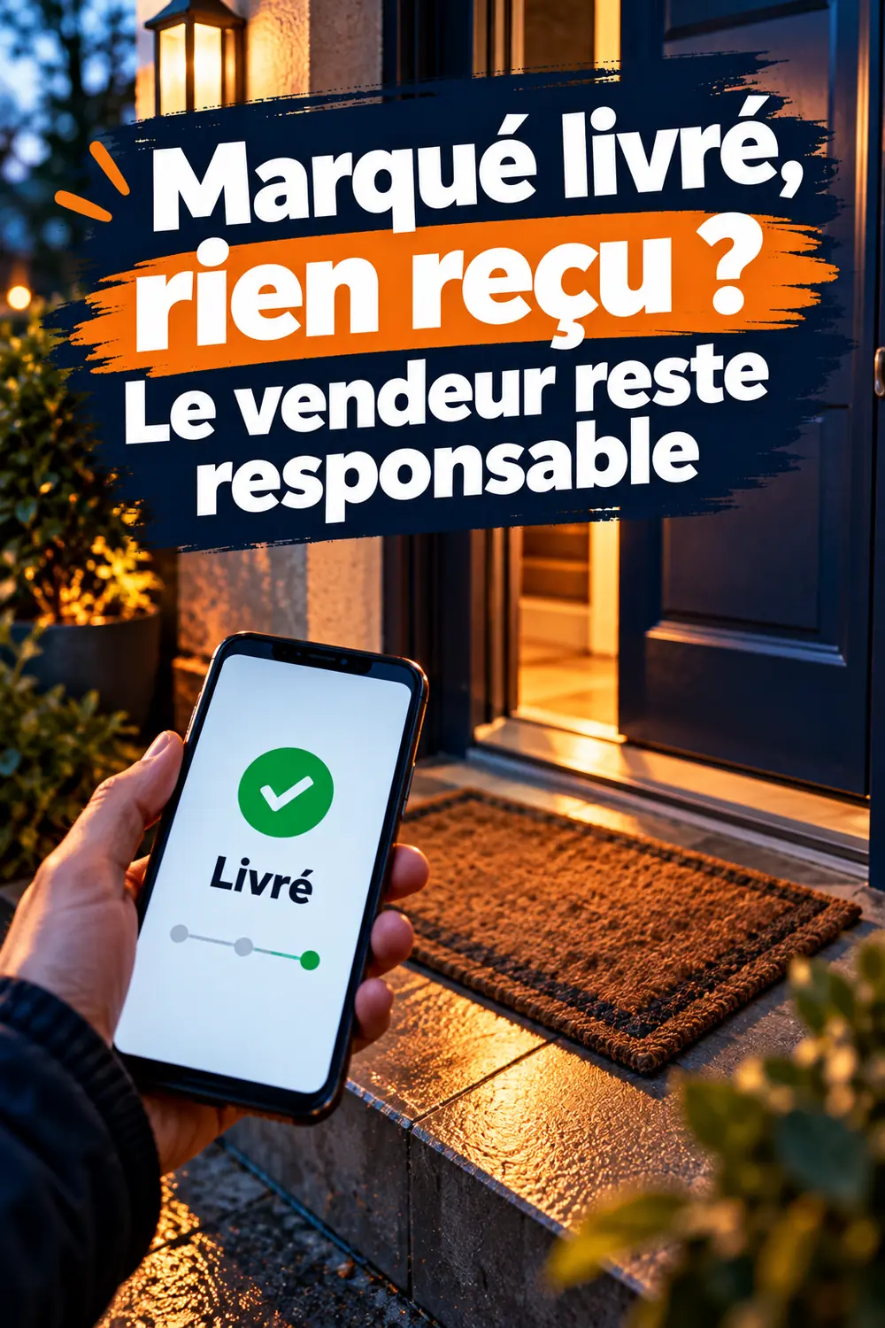 Suivi « livré » mais rien reçu ? Le vendeur reste responsable jusqu’à la remise : la lettre gratuite pour obtenir un renvoi ou un remboursement Illustration verticale d’un paillasson vide devant une porte et d’un téléphone affichant « Livré », avec le texte « Marqué livré, rien reçu ? Le vendeur reste responsable »