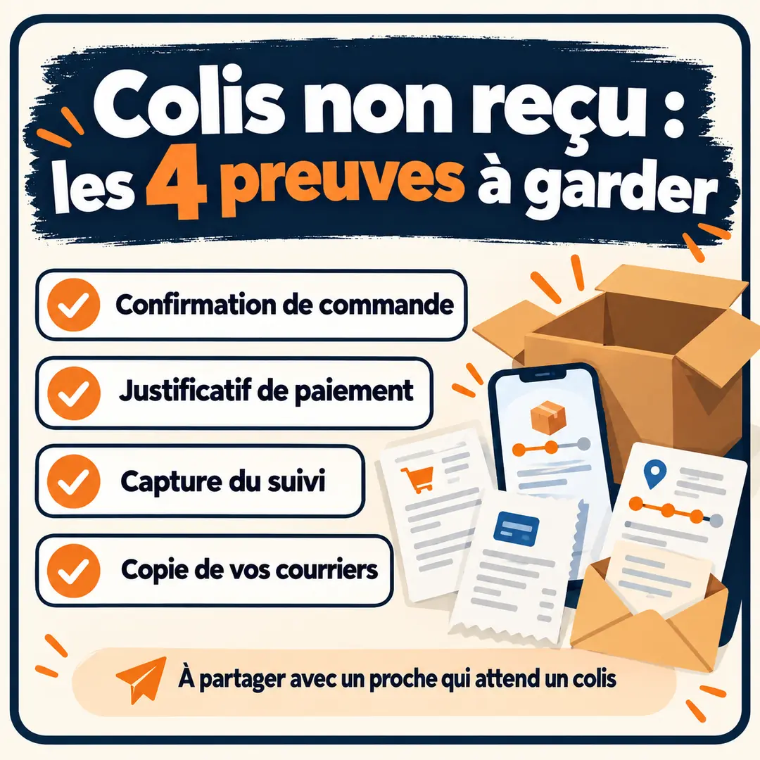 Colis non reçu : les 4 preuves à garder Carte carrée listant les quatre preuves à garder pour un colis non reçu : confirmation de commande, justificatif de paiement, capture du suivi, copie des courriers