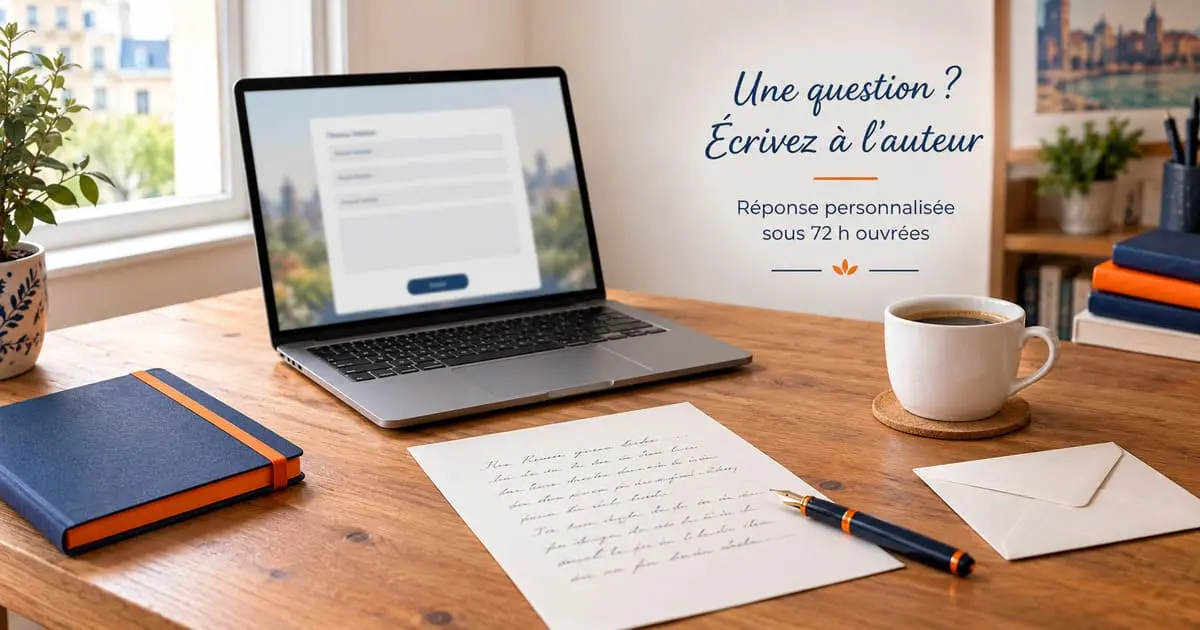 Bureau avec ordinateur portable ouvert sur un formulaire de contact, lettre manuscrite et enveloppe prêtes à être envoyées