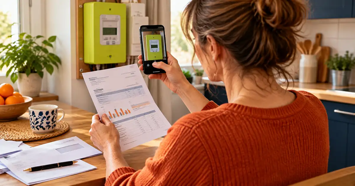 Personne qui compare l'index de son compteur électrique avec celui de sa facture avant de rédiger sa lettre de contestation