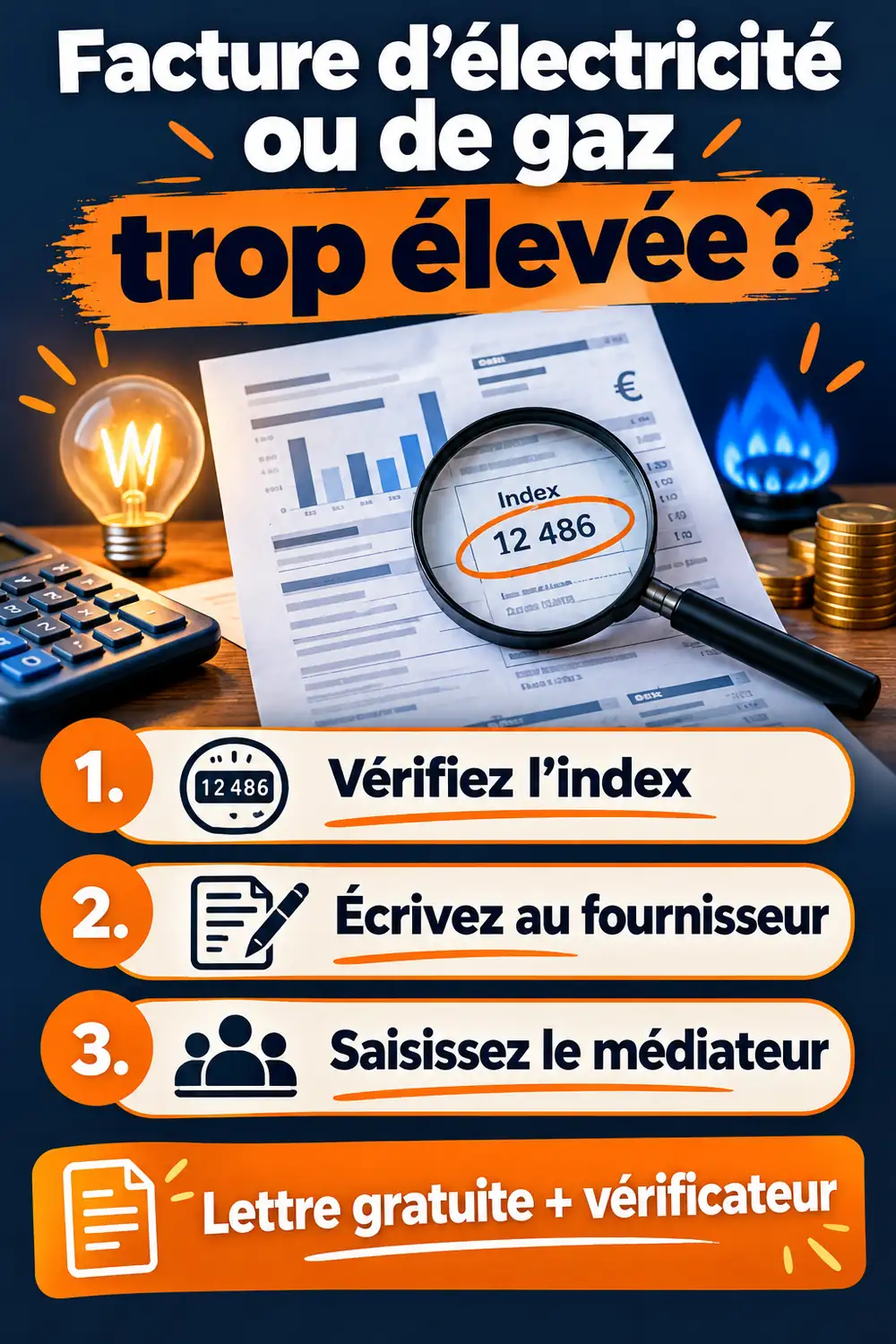 Guide pour contester une facture d'électricité ou de gaz trop élevée : vérifier l'index, écrire au fournisseur, saisir le médiateur