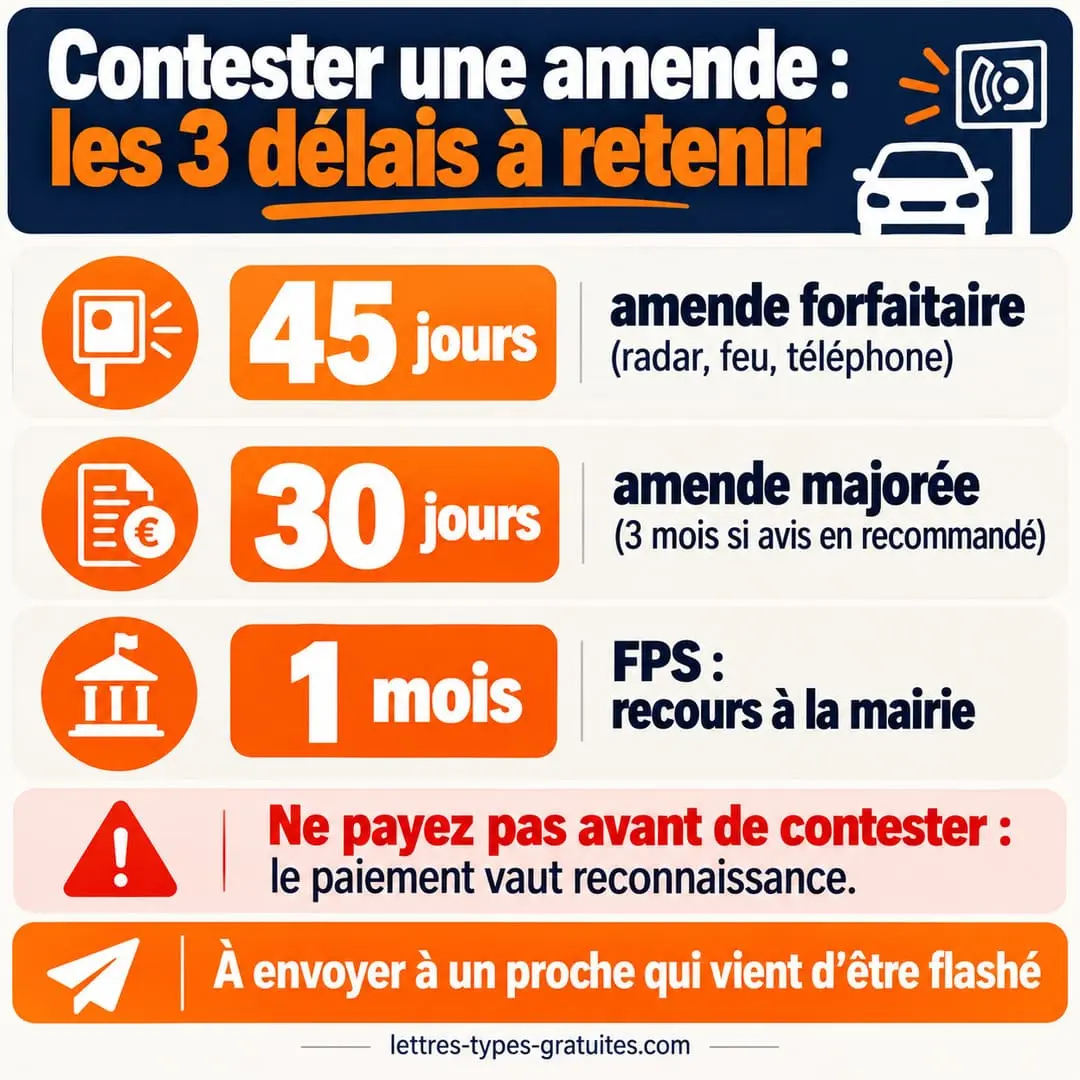 Les 3 délais à retenir pour contester une amende : à envoyer à un proche qui vient d'être flashé Récapitulatif des trois délais pour contester une amende : 45 jours, 30 jours pour l'amende majorée, 1 mois pour un FPS