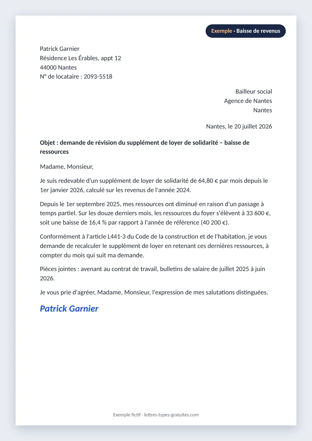 Demande de révision du surloyer pour baisse de revenus : exemple rempli Exemple de demande de révision du supplément de loyer de solidarité après une baisse de revenus de plus de 10 %