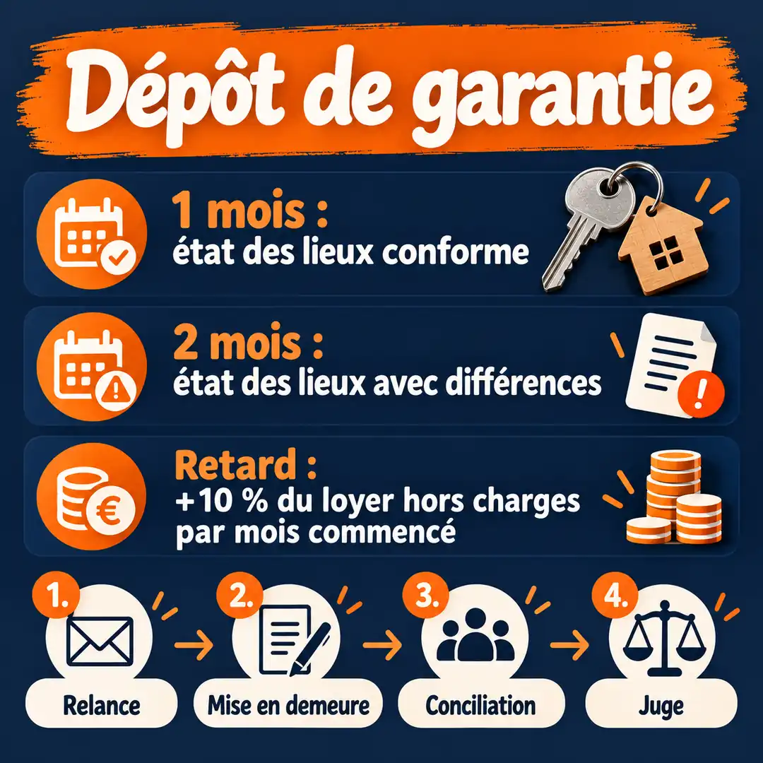 Dépôt de garantie : délais et étapes de recours Carte récapitulative des délais de restitution du dépôt de garantie et des quatre étapes pour récupérer une caution non rendue
