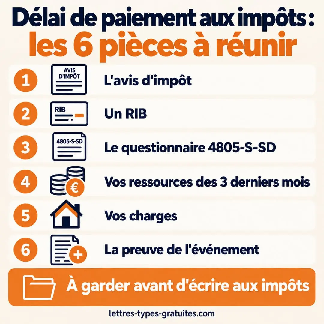 Délai de paiement aux impôts : les 6 pièces à réunir avant d'envoyer votre demande Liste des pièces d'une demande de délai de paiement aux impôts : avis, RIB, questionnaire 4805-S-SD, ressources, charges, preuve de l'événement