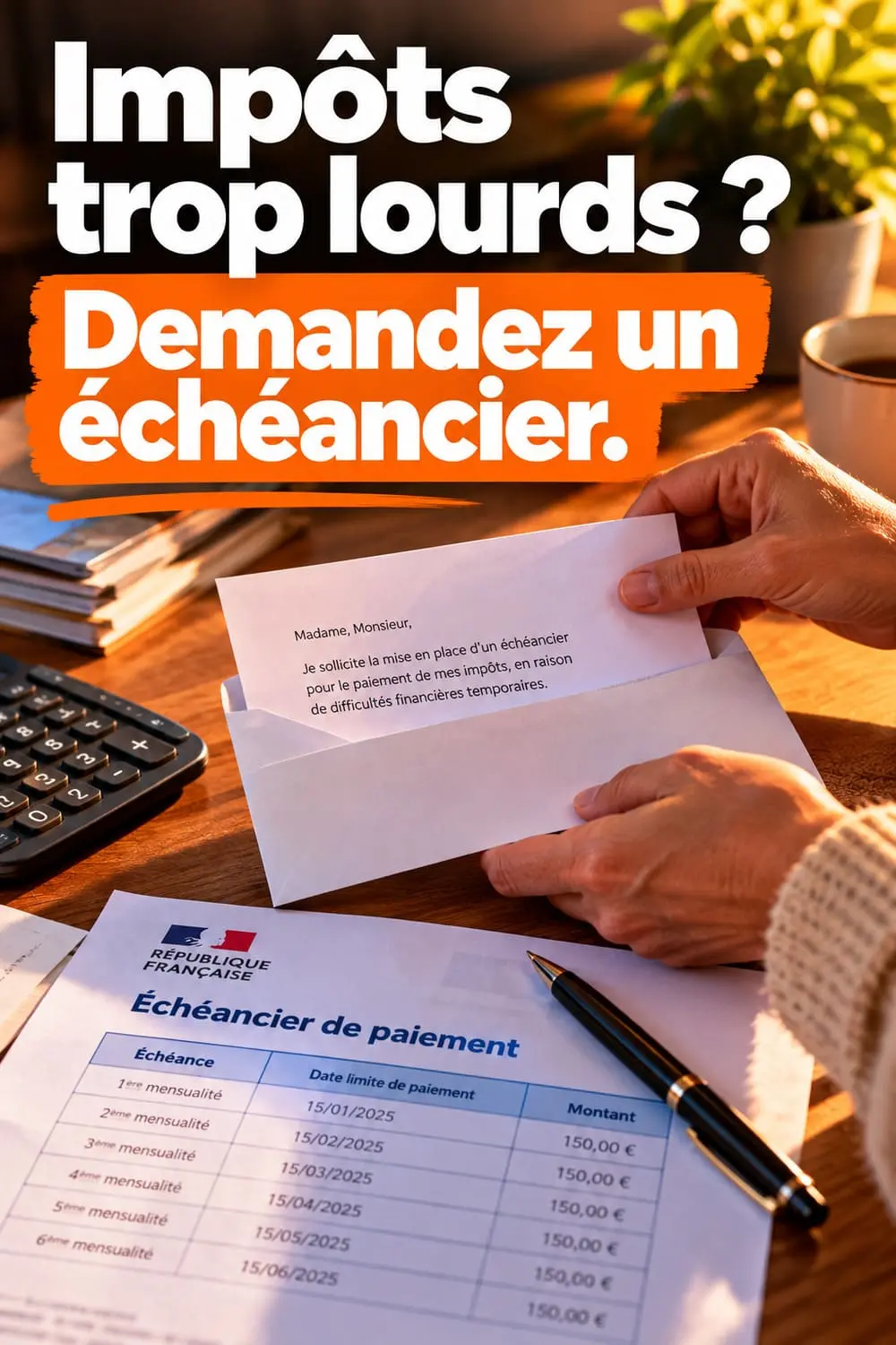 Impossible de payer vos impôts en une fois ? 6 modèles de lettre gratuits pour obtenir un échéancier Main glissant une lettre de demande d'échelonnement d'impôt dans une enveloppe, échéancier imprimé et stylo posés sur un bureau en bois