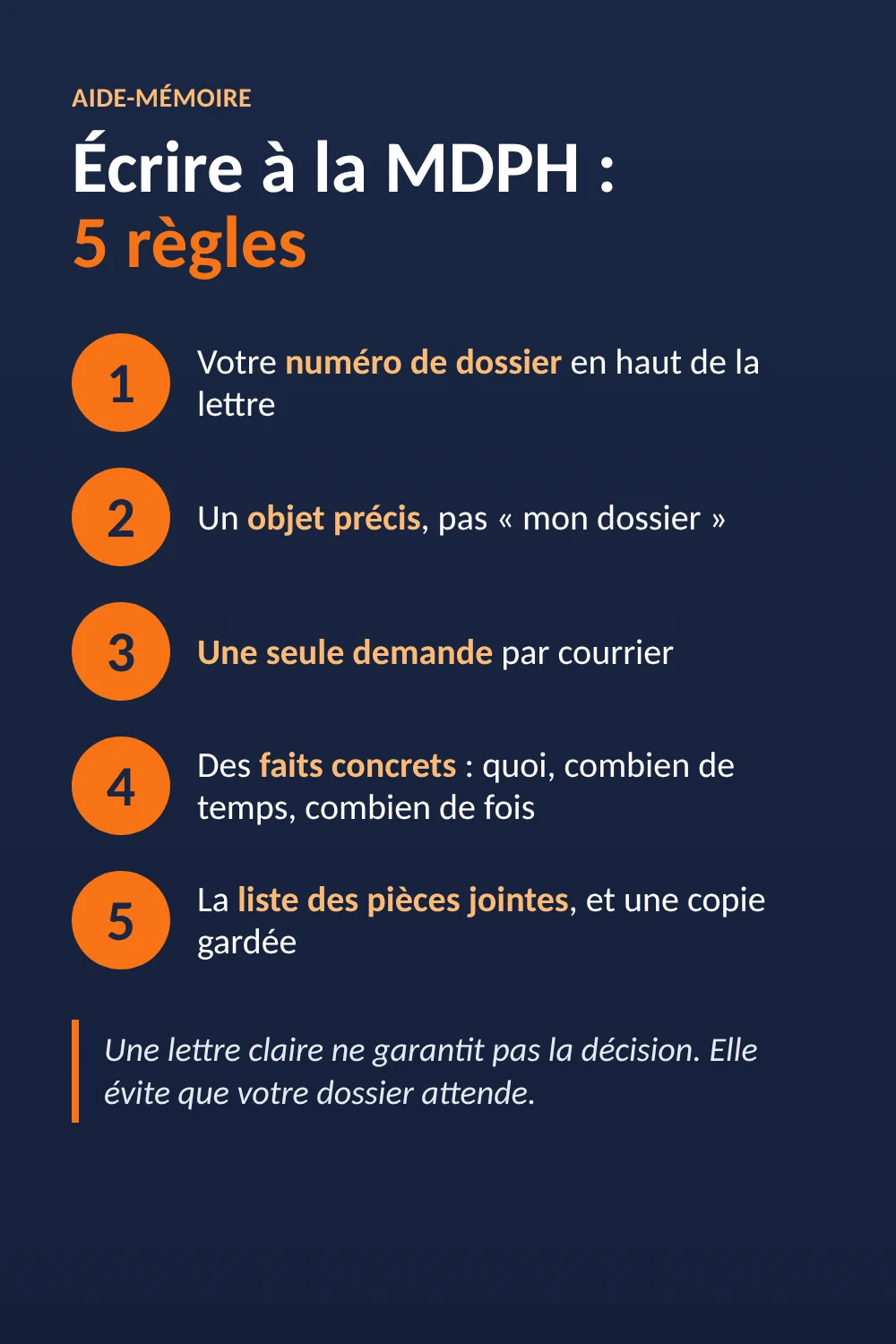 Aide-mémoire en 5 règles pour écrire un courrier à la MDPH : numéro de dossier, objet précis, une demande par lettre, faits concrets, pièces listées