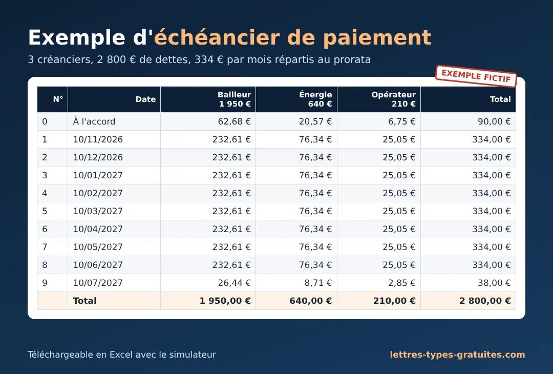 Exemple d'échéancier de paiement avec plusieurs créanciers Exemple d'échéancier de paiement réparti entre trois créanciers : bailleur, énergie et opérateur, 334 euros par mois pendant 9 mois