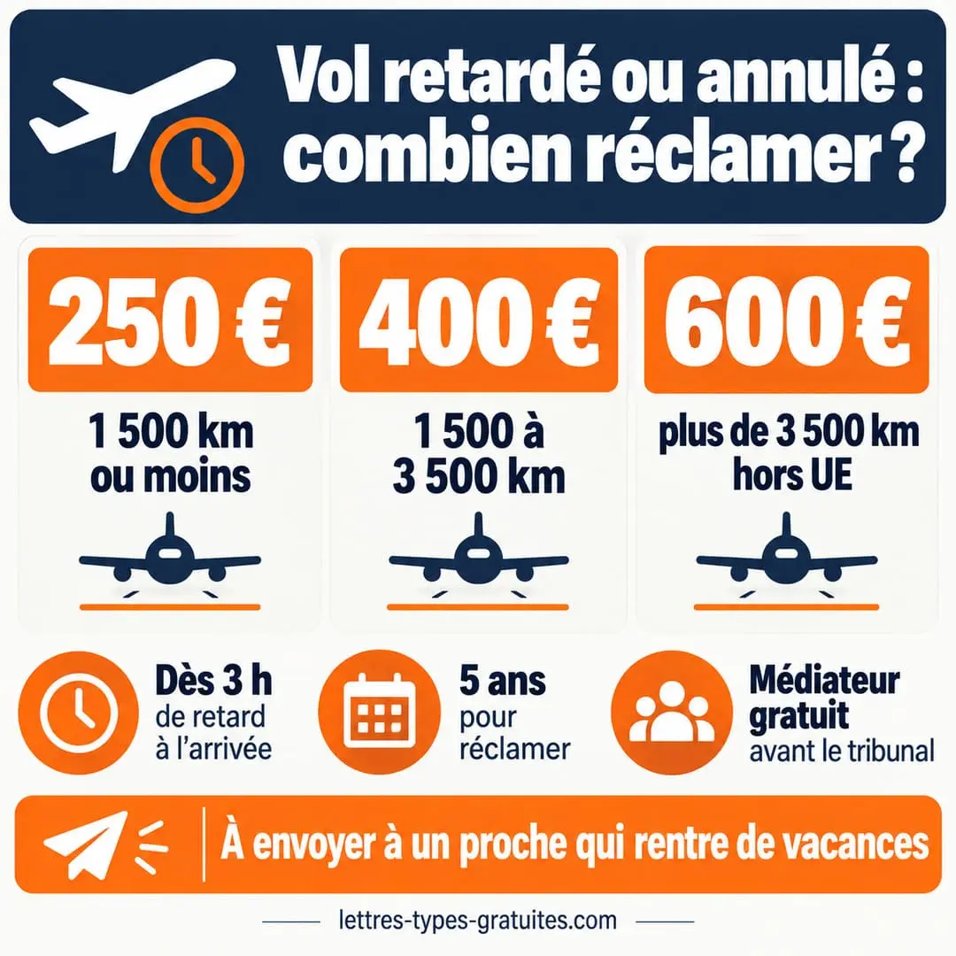 Barème de l'indemnisation d'un vol retardé ou annulé : 250, 400 et 600 euros selon la distance, 3 heures de retard minimum, 5 ans pour réclamer