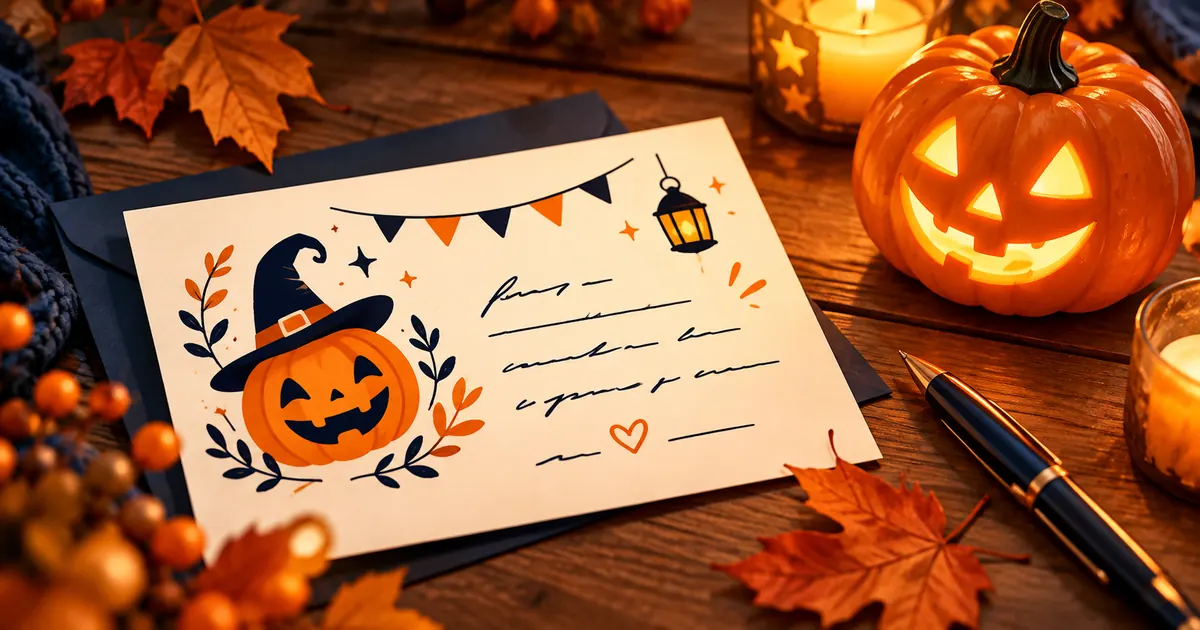 Texte d'invitation Halloween à personnaliser Carte d'invitation d'Halloween posée près d'une citrouille allumée, prête à être remplie pour convier des invités à une fête