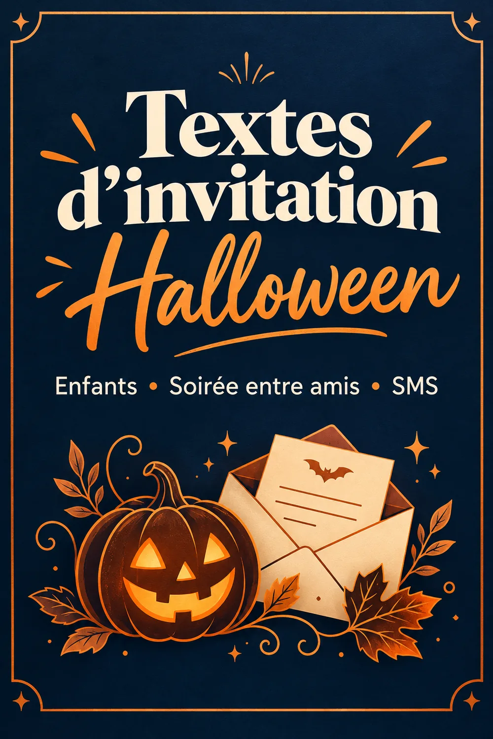 Les bons mots pour inviter à Halloween : des textes prêts à envoyer aux enfants comme aux amis Affiche verticale présentant des textes d'invitation d'Halloween classés pour les enfants, la soirée entre amis et le SMS