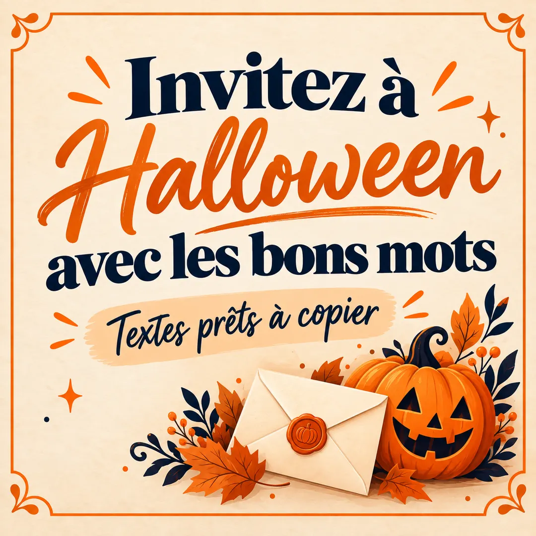 Invitez à Halloween avec les bons mots Visuel carré annonçant des textes d'invitation d'Halloween prêts à copier pour une fête d'enfants ou une soirée entre adultes