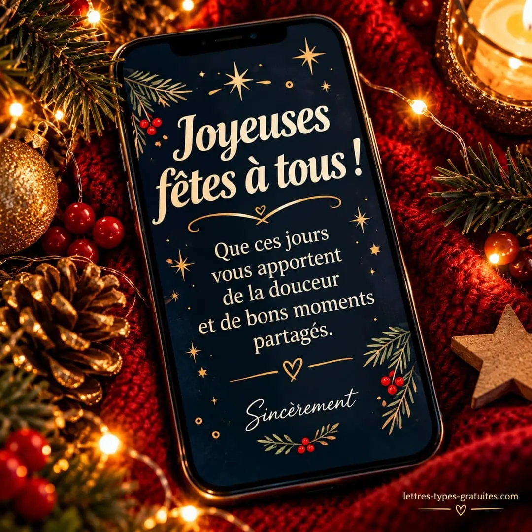 Le message de joyeuses fêtes à envoyer à tout le groupe d'un seul coup Carte carrée « Joyeuses fêtes à tous » avec un message court à envoyer à un groupe WhatsApp ou une association