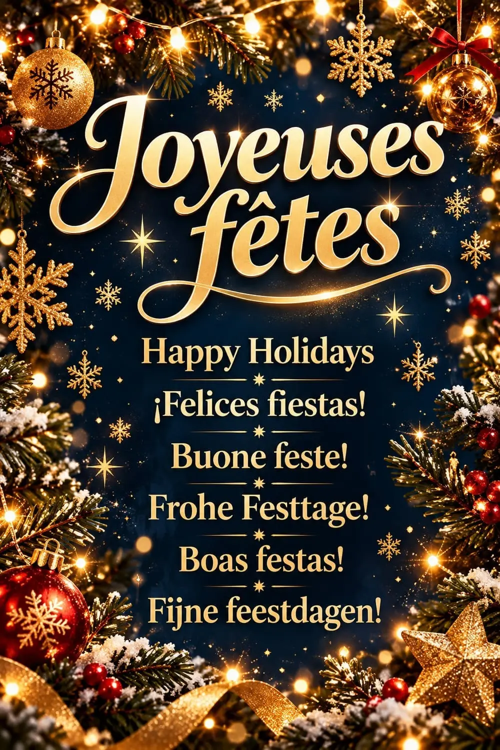 Joyeuses fêtes dans 6 langues : de quoi souhaiter les fêtes à tous vos amis du monde entier Affiche verticale « joyeuses fêtes » écrit en six langues : anglais, espagnol, italien, allemand, portugais, néerlandais