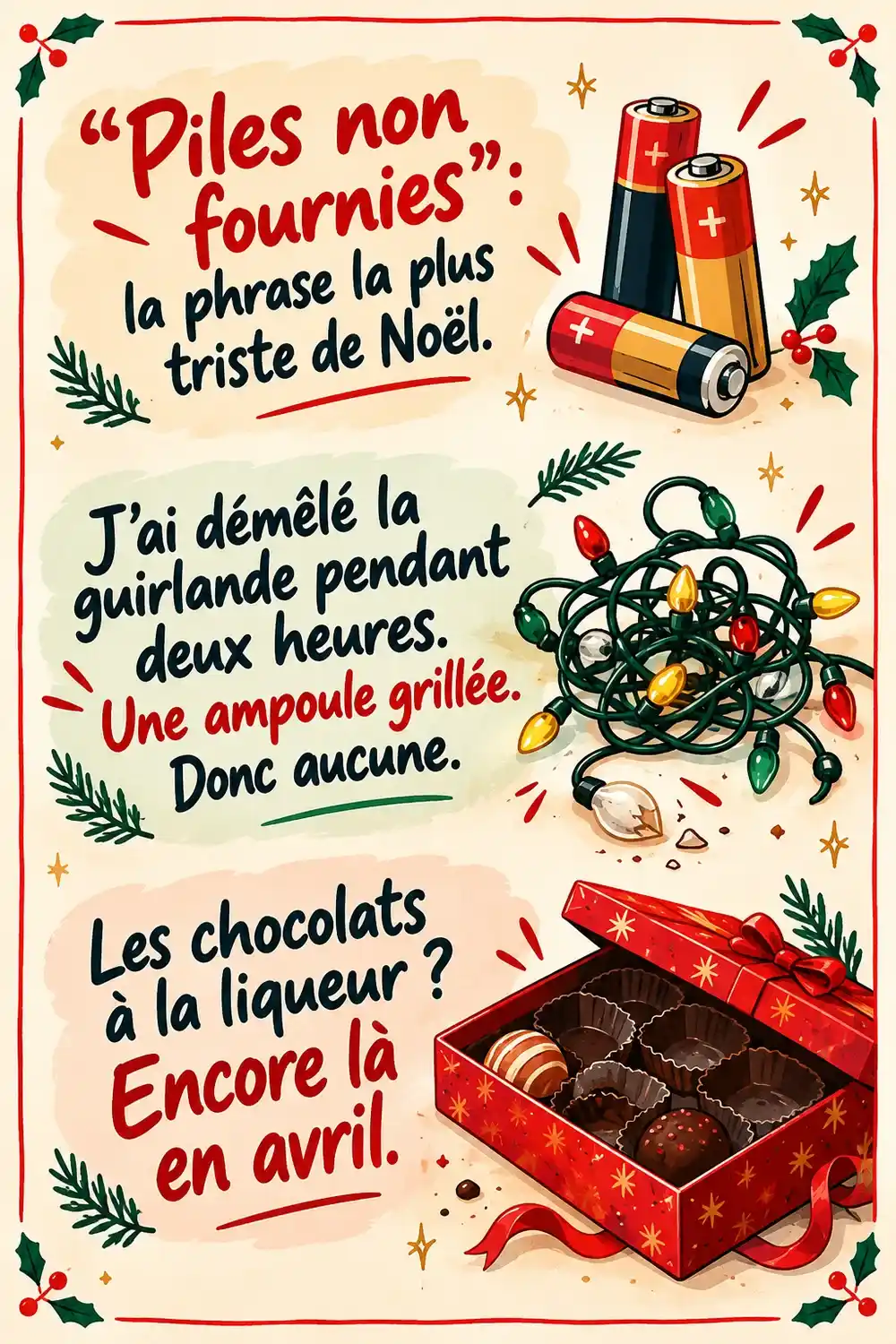 Affiche verticale de Noël avec trois phrases drôles sur les piles non fournies, la guirlande et les chocolats à la liqueur