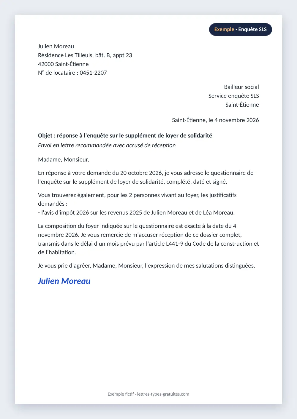 Lettre d'accompagnement de l'enquête SLS : exemple rempli Exemple de lettre d'accompagnement de l'enquête SLS remplie, envoyée par une locataire HLM à son bailleur
