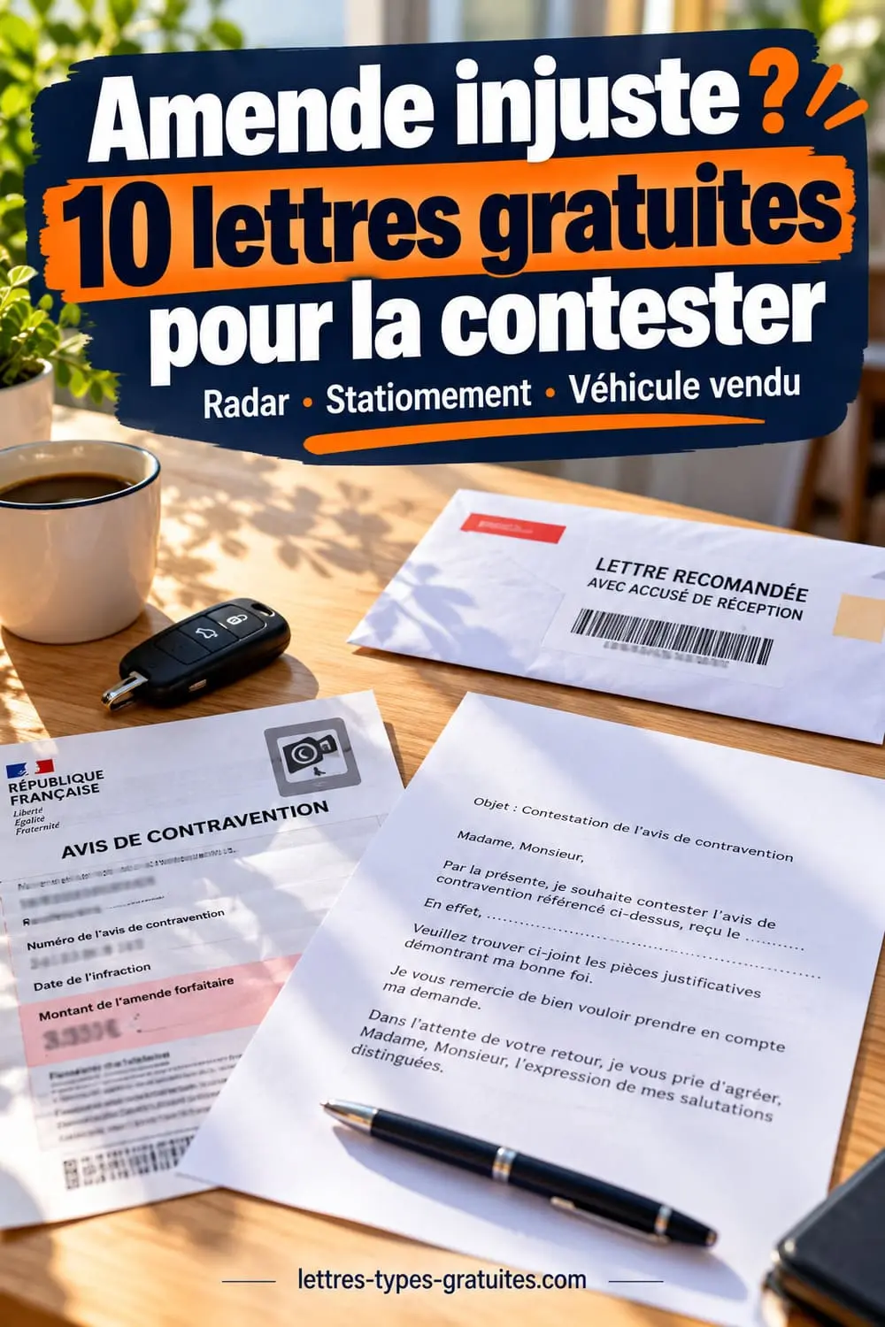 Amende injuste ? 10 lettres gratuites pour la contester sans payer, radar, stationnement, véhicule vendu Lettre de contestation d'amende posée sur un bureau à côté d'un avis de contravention radar et d'une enveloppe de recommandé