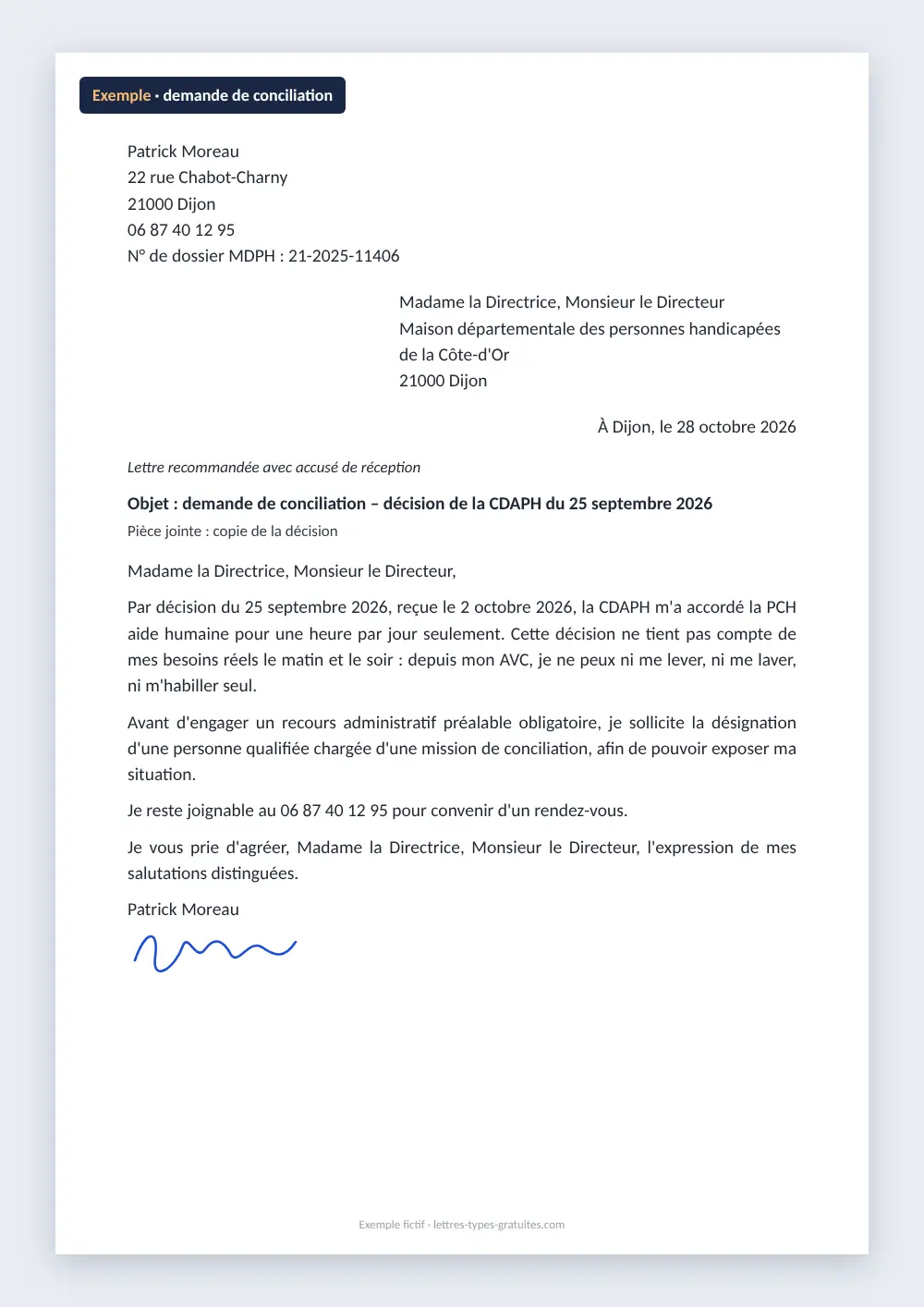 Demande de conciliation MDPH : exemple rempli Exemple de lettre de demande de conciliation adressée au directeur de la MDPH après une décision de la CDAPH