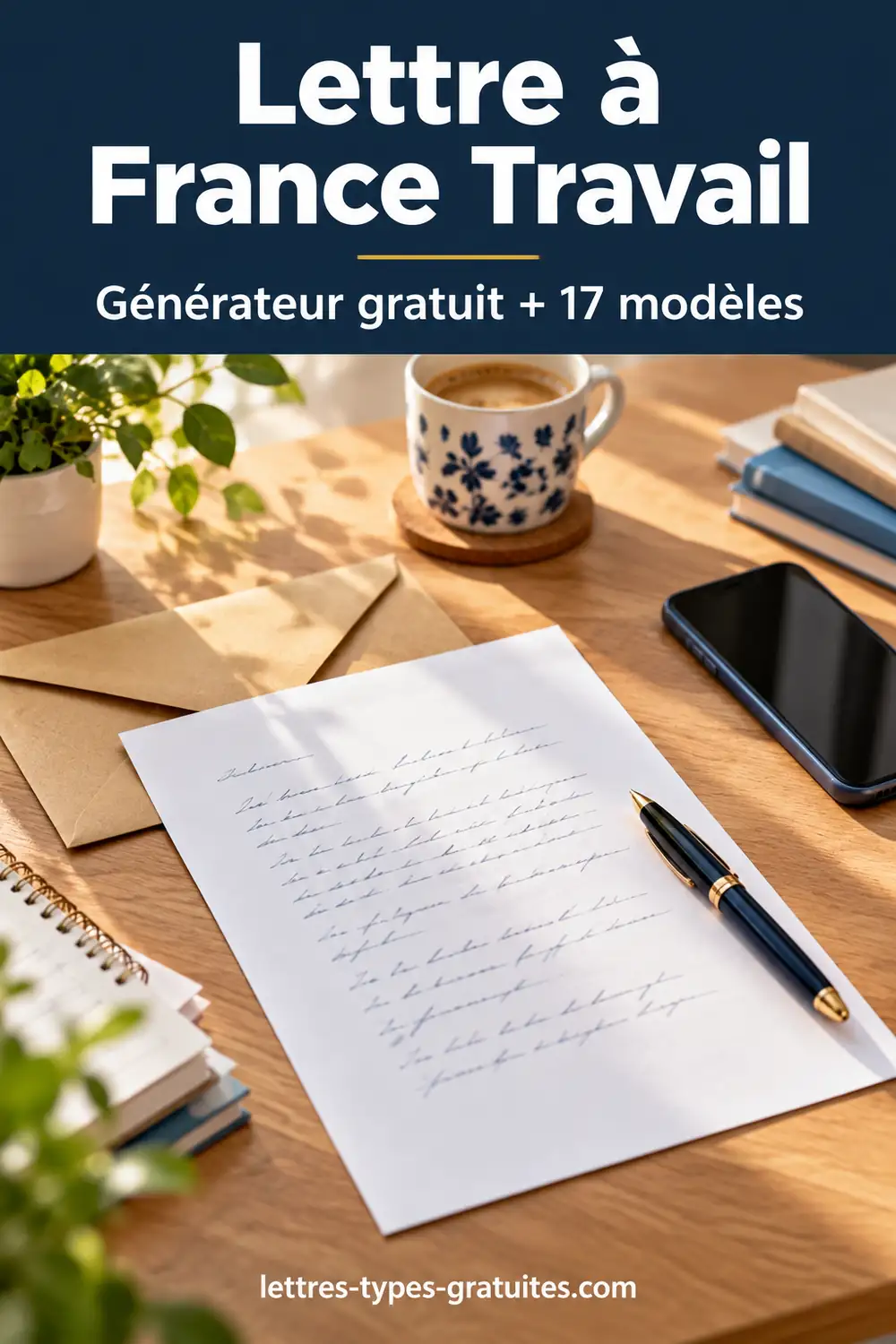 Lettre France Travail : générateur gratuit et 17 modèles pour réclamer, contester une radiation ou un trop-perçu Lettre à France Travail posée sur une table avec une enveloppe, un stylo et un téléphone