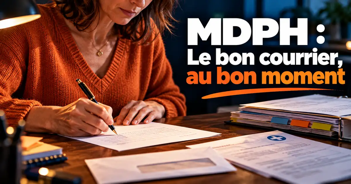 Lettre MDPH : le bon courrier selon votre situation Personne qui rédige une lettre à la MDPH, dossier de demande et certificat médical posés sur la table