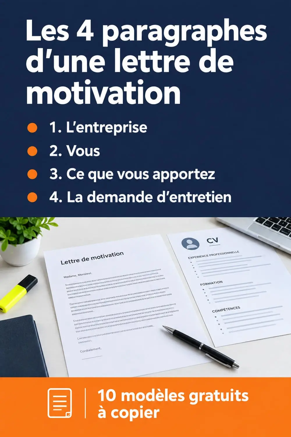 Les 4 paragraphes qui transforment une lettre de motivation ignorée en entretien décroché, avec 10 modèles gratuits à copier Schéma vertical des quatre paragraphes d'une lettre de motivation : l'entreprise, le candidat, ce qu'il apporte, la demande d'entretien
