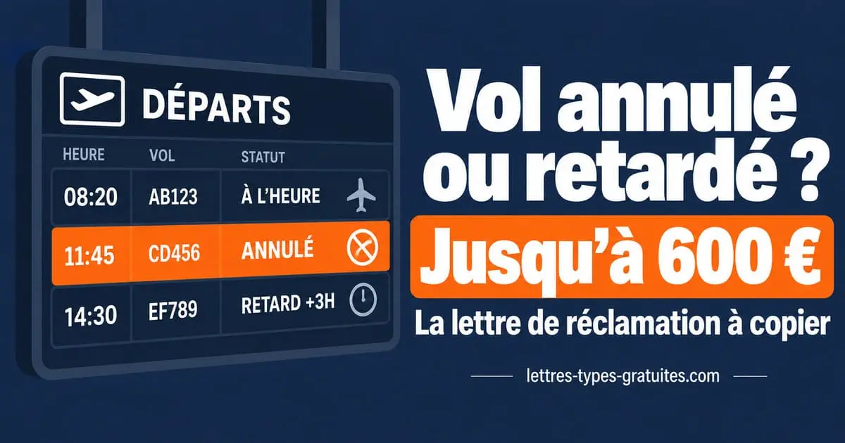 Panneau des départs d'un aéroport affichant un vol annulé, passager tenant sa carte d'embarquement et sa lettre de réclamation
