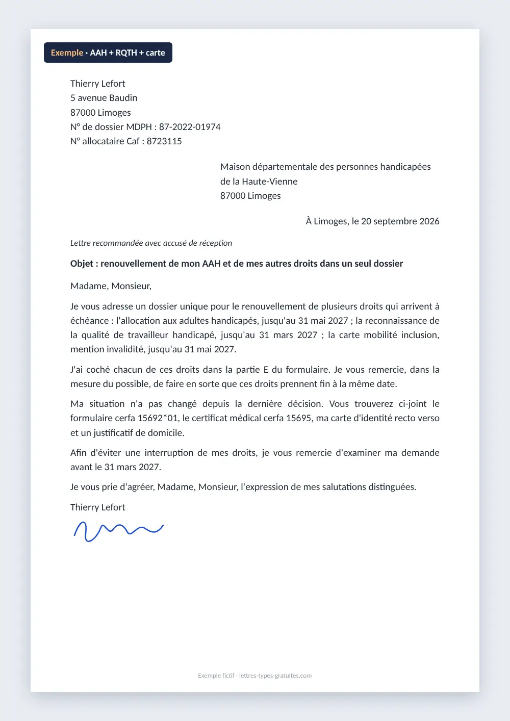 Lettre de renouvellement AAH, RQTH et carte : exemple rempli Exemple de lettre de renouvellement AAH, RQTH et carte mobilité inclusion dans un seul dossier, échéances de mars et mai 2027, MDPH de la Haute-Vienne