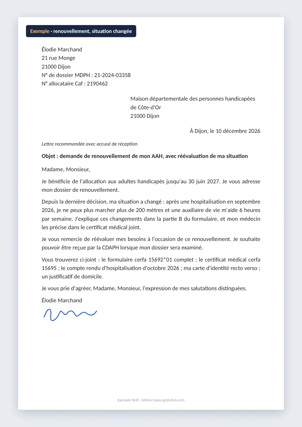 Lettre de renouvellement AAH, situation qui a changé : exemple rempli Exemple de lettre de renouvellement AAH remplie, situation aggravée après une hospitalisation, droits jusqu'au 30 juin 2027, MDPH de Côte-d'Or