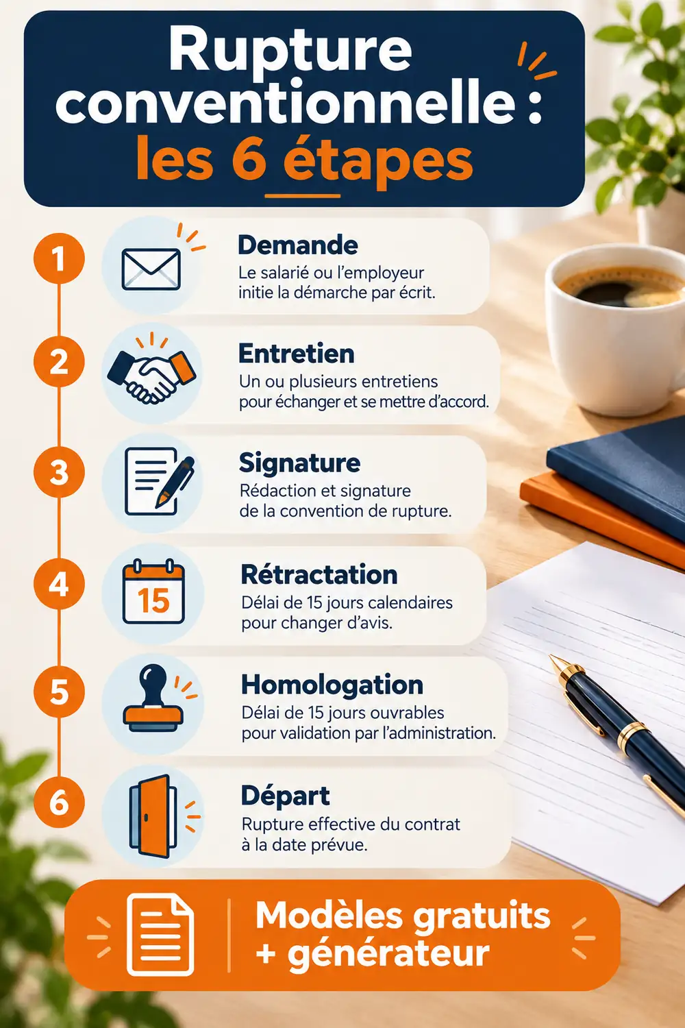 Lettre de rupture conventionnelle : modèles gratuits et générateur Lettre de rupture conventionnelle : les 6 étapes de la procédure et les délais à retenir