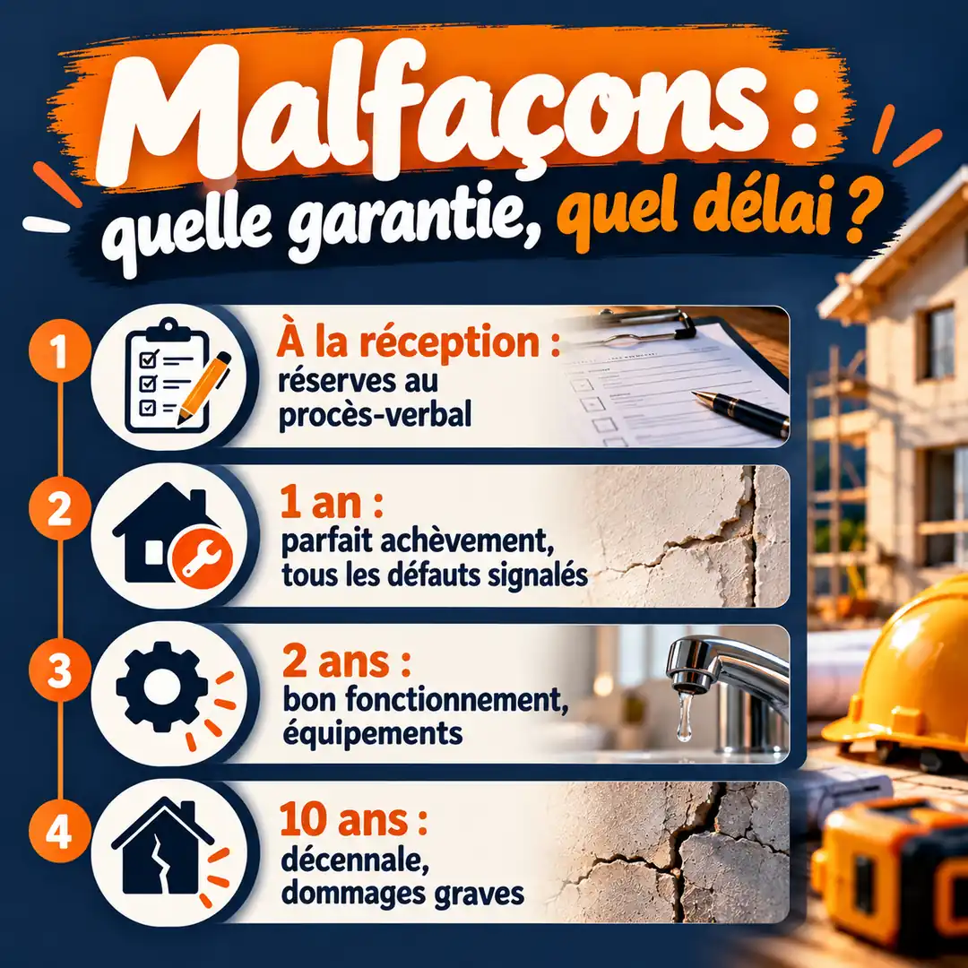 Carte récapitulative des garanties après travaux : réserves à la réception, parfait achèvement 1 an, bon fonctionnement 2 ans, décennale 10 ans